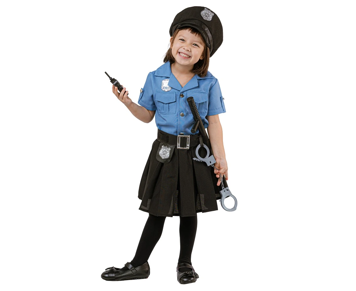 Role play-set for kids Blue Policewoman (shirt, kirt, belt, cap, handcuffs, walkie talkie, baton), size 92/104 cm